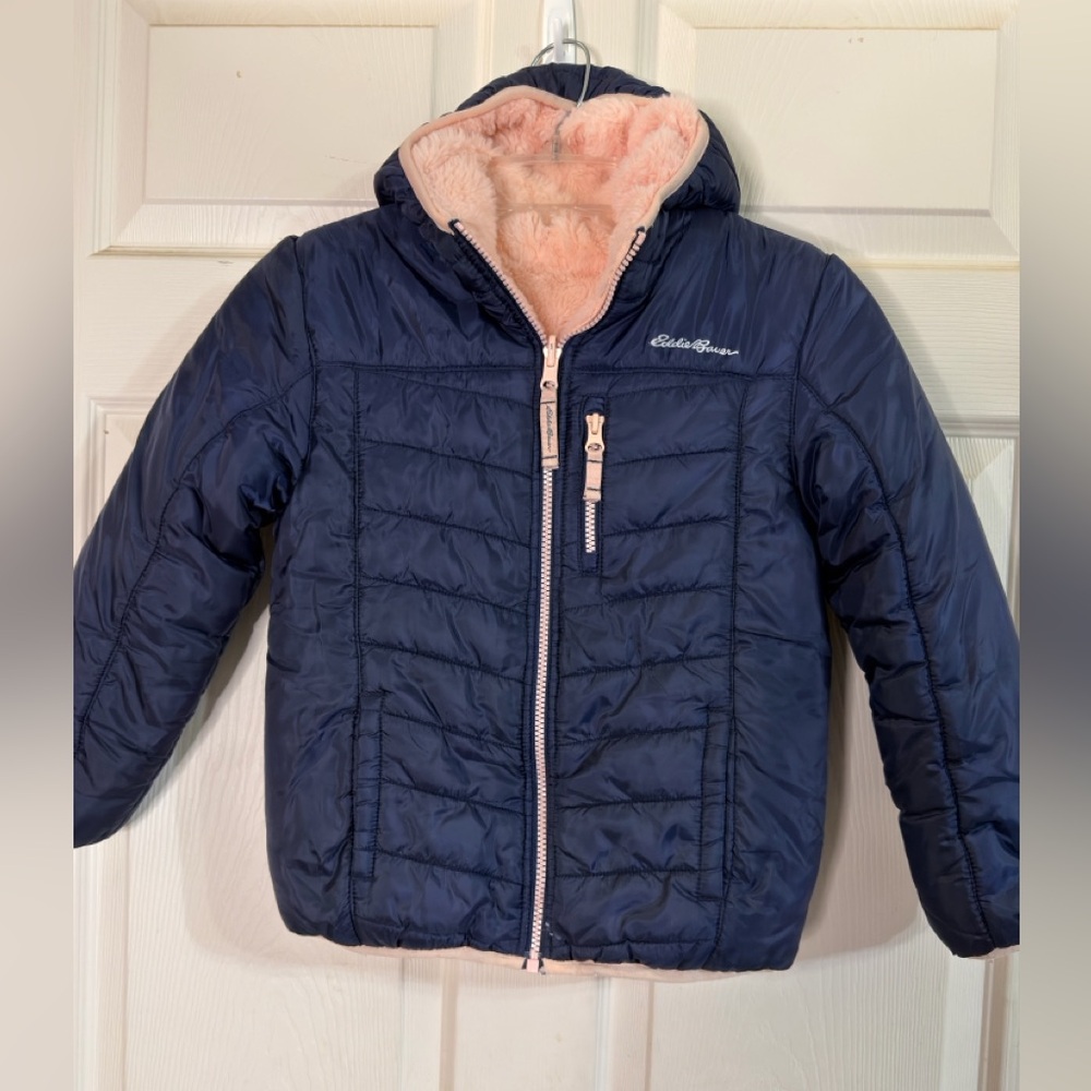 EDDIE BAUER TODDLER GIRLS DEER‎ HARBOR REVERSIBLE BLUE HOODED JACKET Sz 7/8 EUC